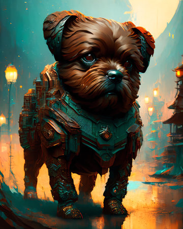 Digital painting of a dog in the steampunk style. Fantasy illustration. AI generatedの素材