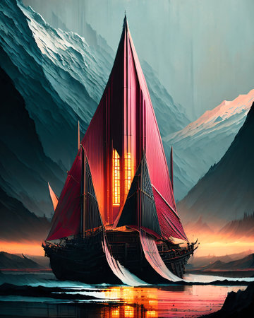 Fantasy sailing boat in the sea. Digital painting. 3D illustration AI Generatedの素材