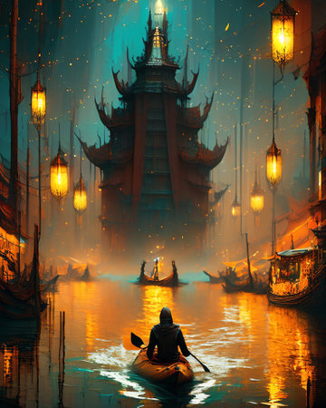 Fantasy image of a man in a boat at the background is an ancient temple AI Generatedの素材