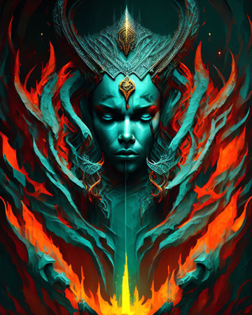 god face with fire flames on black background. 3D rendering AI Generatedの素材
