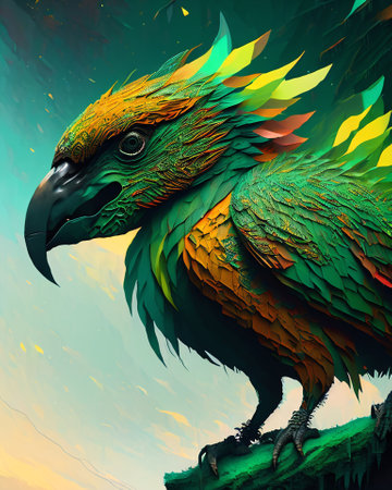 3D rendering of a colorful parrot on top of a roof AI Generatedの素材