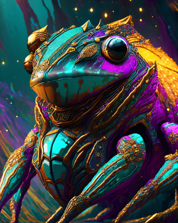 3D rendering of a fantasy green frog in space. Fantasy animals. AI generatedの素材