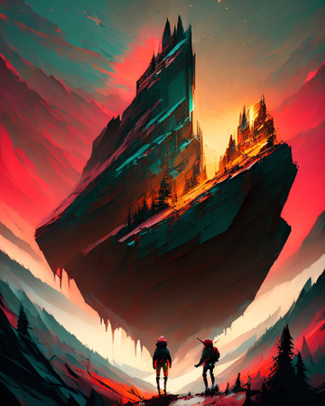 Silhouette of two man, at the background mountains at sunset. AI generatedの素材