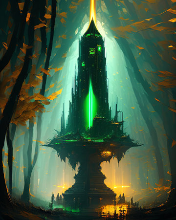 Fantasy landscape with a huge tower in the forest and a tree. AI generatedの素材
