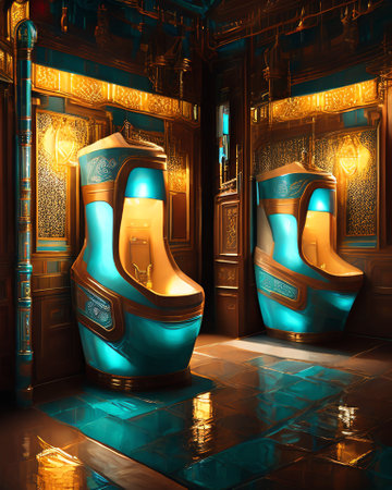 3D rendering of a futuristic retro toliet in a fantasy steampunk luxury hotel AI Generatedの素材