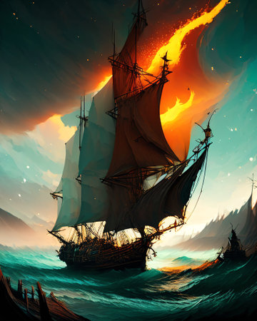 Sailing ship in the sea at sunset. Fantasy illustration. Digital painting. AI generatedの素材