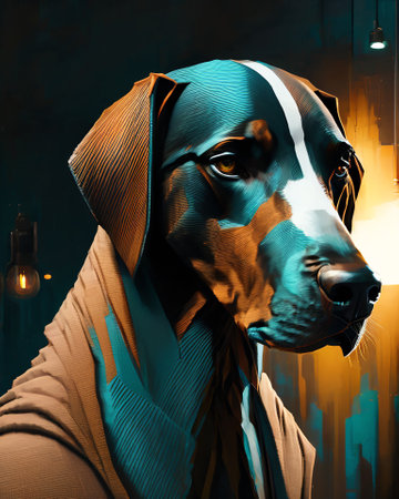 Portrait of a dog with a blue pattern on the head. AI generatedの素材