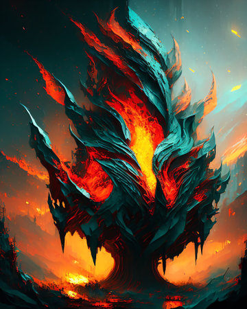 Fiery fire on a dark background. 3d rendering, 3d illustration. AI generatedの素材