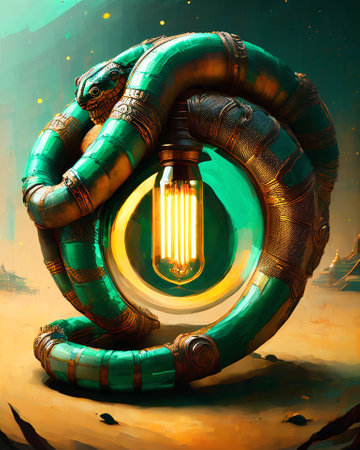 Green incandescent light bulb in the shape of a snake. 3D rendering AI Generatedの素材