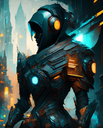 Futuristic cyber man in a futuristic city. 3d rendering AI Generatedの素材