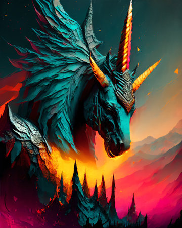 Unicorn in the form of a dragon on a background of mountains AI Generatedの素材