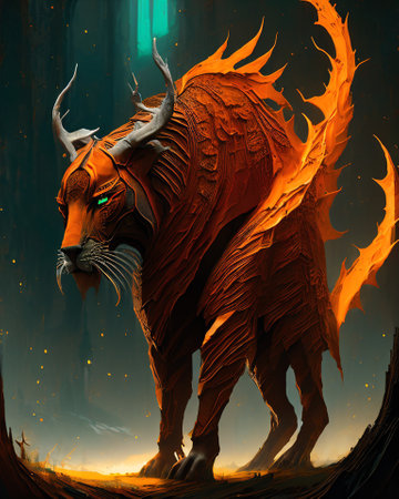 Fantasy illustration of a monster with horns in the background of fire AI Generatedの素材