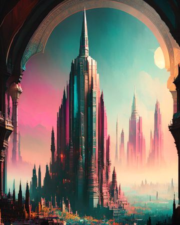 Fantasy Landscape with Skyscrapers. 3D rendering AI Generatedの素材