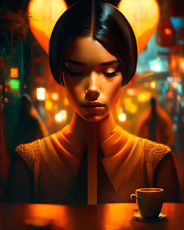 Portrait of a beautiful woman in a cafe. Beauty, fashion. AI generatedの素材