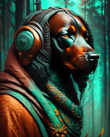 Digital illustration of a dog with headphones in a fantasy forest. AI generatedの素材