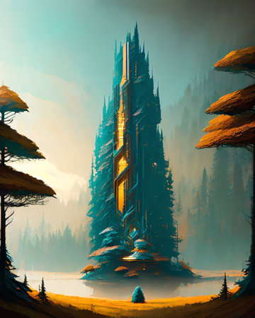 Fantasy landscape with spruce forest and church. Digital painting. AI generatedの素材