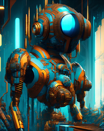 3D rendering of a robot in futuristic space with neon lights. AI generatedの素材