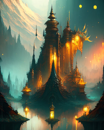 Thai temple with fire and fog. Digital painting. 3D rendering AI Generatedの素材
