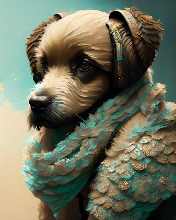A portrait of a dog in a turquoise scarf. AI generatedの素材