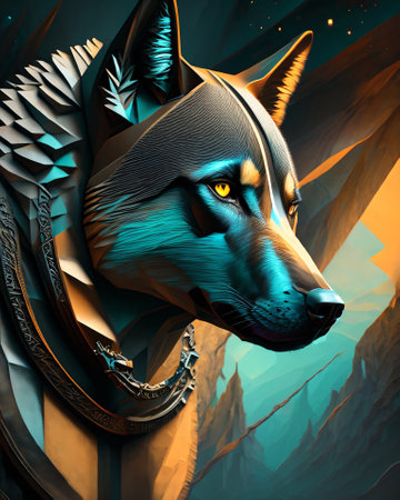 Illustration of the head of a wolf in a futuristic style. AI generatedの素材
