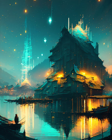 Mystical temple on the water at night. Digital painting. AI generatedの素材