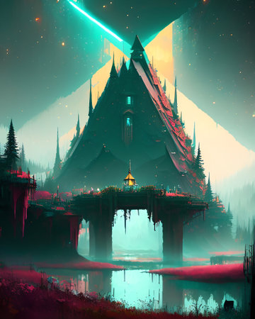 Mysterious temple with reflection in water, digital art illustration. AI generatedの素材