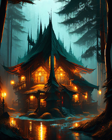 Temple in the forest at night. Digital painting illustration. AI generatedの素材