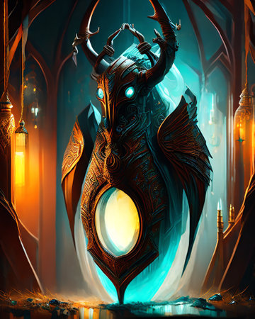 3D illustration of a fantasy mecha creature in a dark room with lights AI Generatedの素材