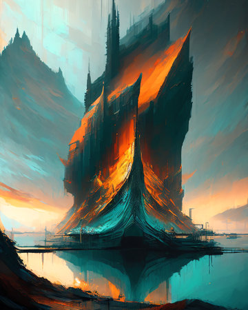 Fantasy illustration of a flaming mountain AI Generatedの素材