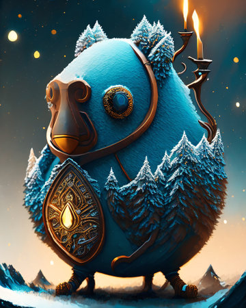 Fantasy illustration of a blue bear with a mechanical parts AI Generatedの素材