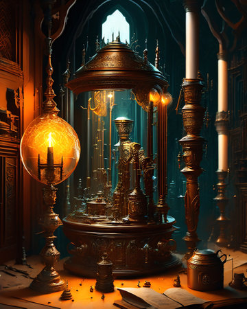Vintage candlestick device in a medieval interior. 3d render AI Generatedの素材