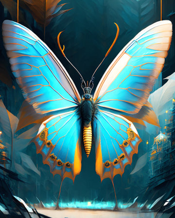 3D rendering of a butterfly in a futuristic space. Futuristic background. AI generatedの素材