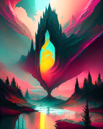 Fantasy landscape with ancient magic pagoda in the forest. Digital painting. AI generatedの素材