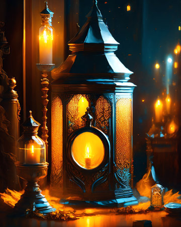 Lantern with burning candle in the interior of the medieval castle. AI generatedの素材