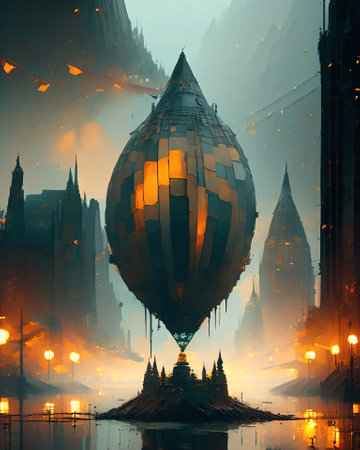 Fantasy illustration of a hot air balloon flying over the city. AI generatedの素材