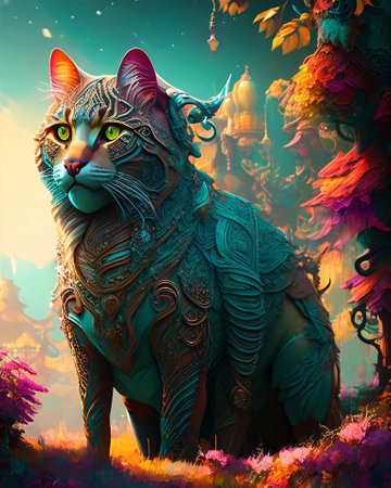 Cat in the garden. 3D illustration. fantasies. Digital painting. AI generatedの素材