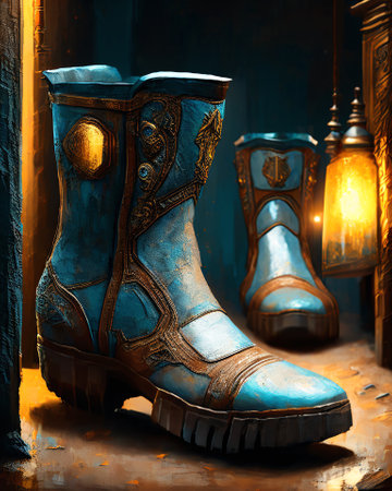 Pair of fantasy boots in the dark room. 3d rendering AI Generatedの素材