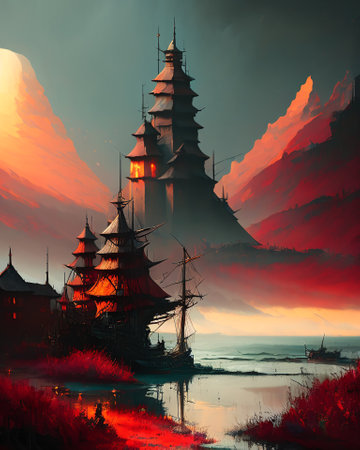 Fantasy image of a medieval castle on a lake at sunset. AI generatedの素材