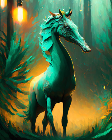 Horse in the forest. Digital painting of a fantasy creature. AI generatedの素材