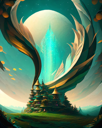 Fantasy landscape with fantasy temple and planet. 3D illustration. AI generatedの素材