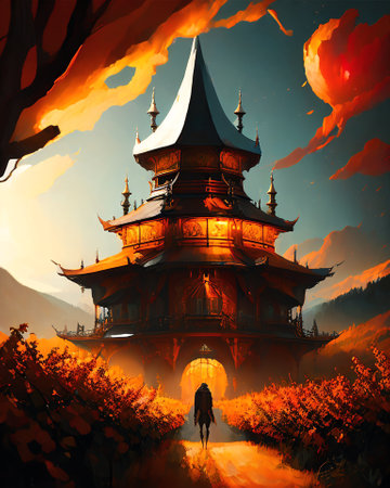 Chinese pavilion in the forest at sunset, digital painting illustration. AI generatedの素材