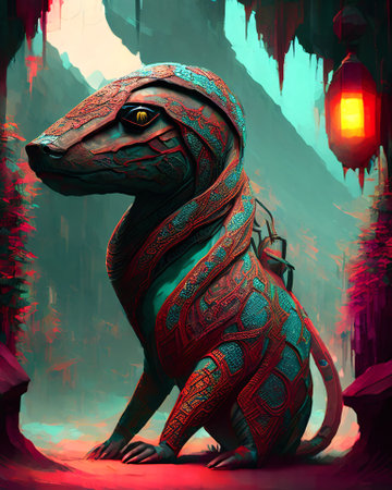 3D rendering of a fantasy reptile in a surrealistic environment. AI generatedの素材