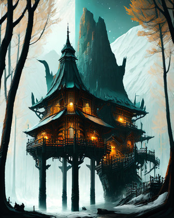 Mysterious halloween background with haunted house in the forest AI Generatedの素材