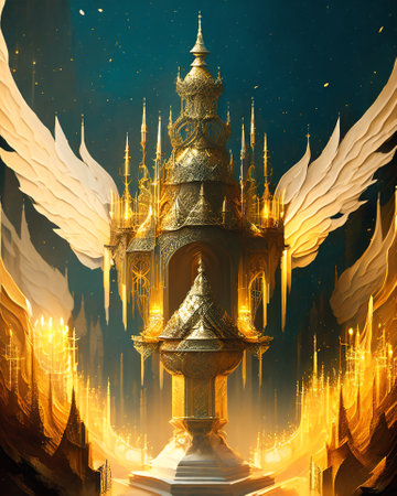 3D rendering of a fantasy temple with golden wings and fire. AI generatedの素材