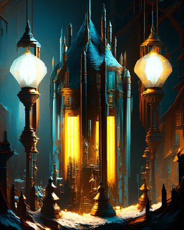 Fantasy night city with old street lamps. 3D illustration. AI generatedの素材