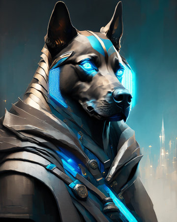 Portrait of a blue dog in the form of a knight in armor AI Generatedの素材