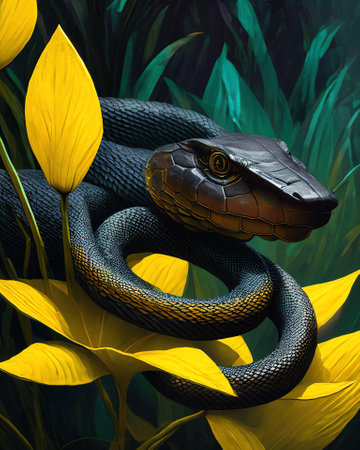 Black snake with yellow leaves on a dark background. 3d rendering AI Generatedの素材