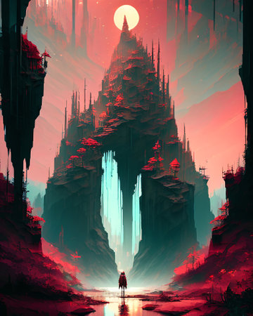 Mysterious temple in the mist. 3D illustration. Digital painting. AI generatedの素材