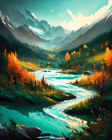 Colorful autumn landscape with mountain river and forest. Digital painting. AI generatedの素材