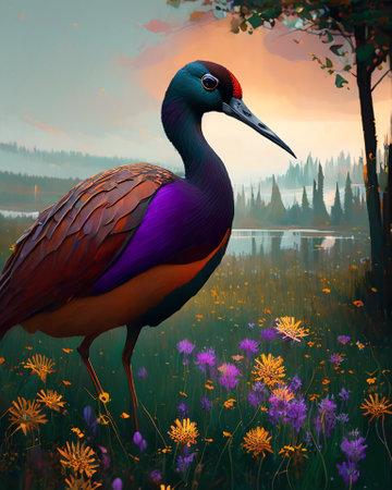 Beautiful colorful bird in the meadow at sunset, 3d render AI Generatedの素材